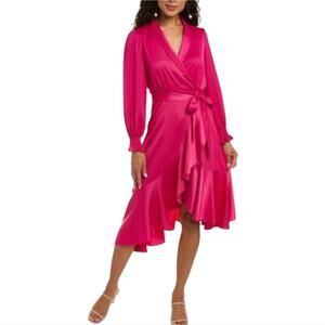Taylor Hot Pink BarbieCore‎ Lantern Sleeve Ruffle Asymmetric Hem Dress Size 18 W